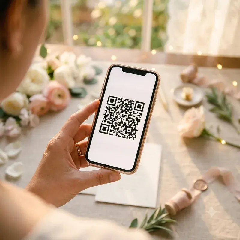 Ponsel menampilkan QR Jalan Masuk pada meja acara