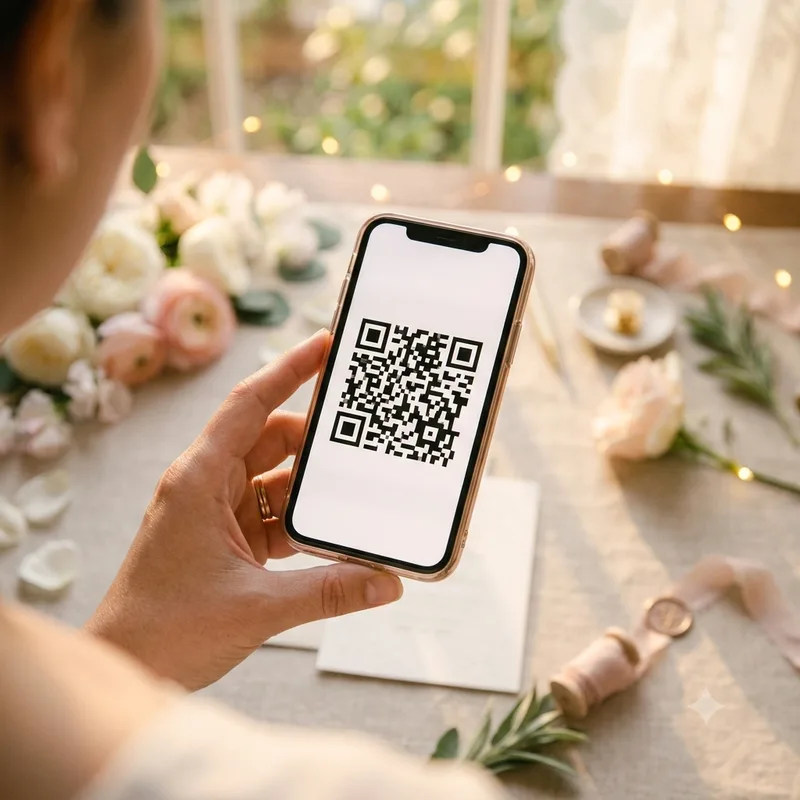 Tangan memegang ponsel menampilkan kode QR Jalan Masuk